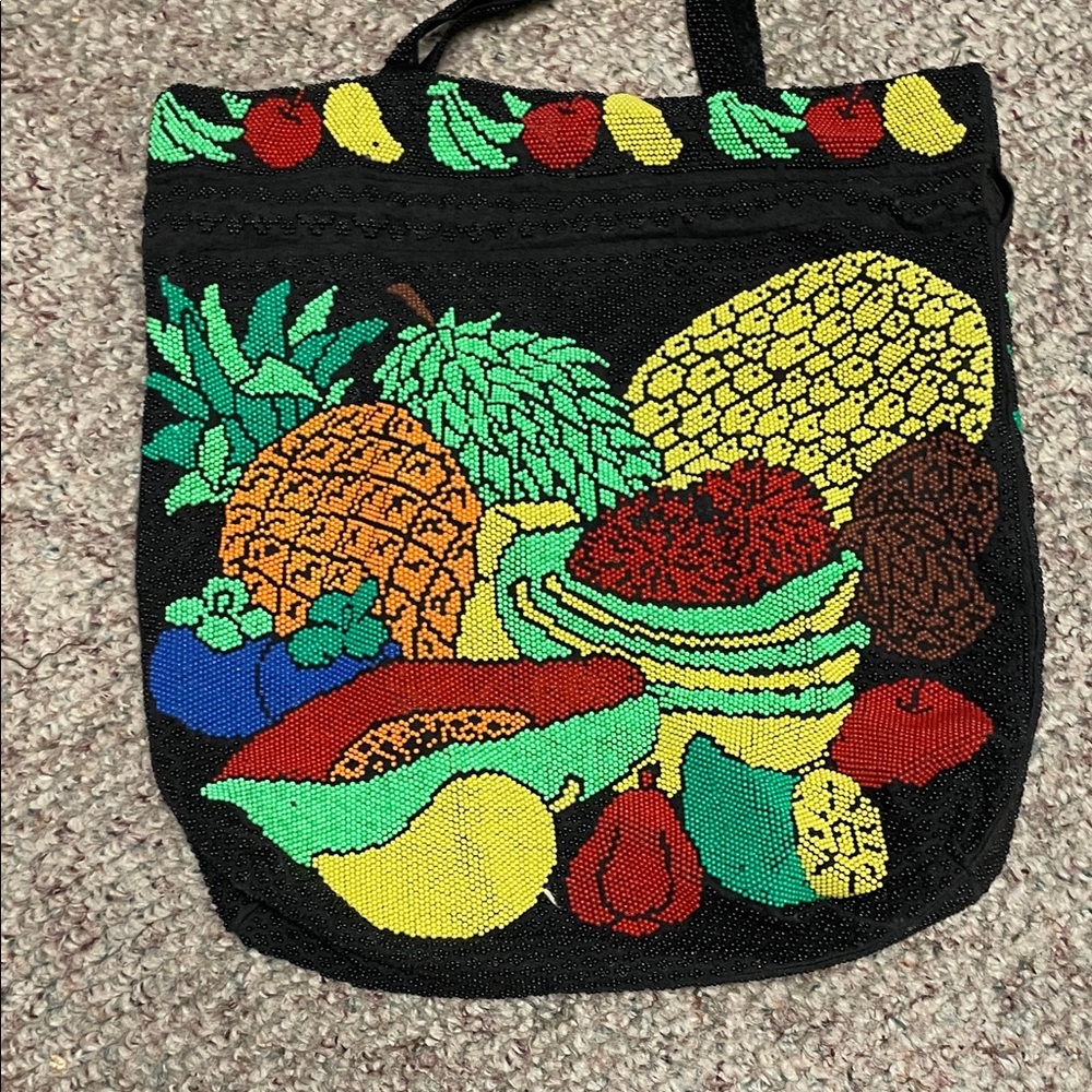 Vintage fully beaded Colorful Fruit Pattern Tote Bag- adorable - Picture 10 of 13